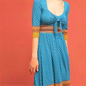 Maeve Midi Dress Sweetheart Blue Motif Gold Border Ruched Bust Tie Detail M